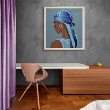 Mulher negra com trabalho de arte durag