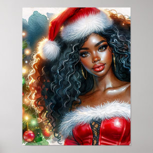 Poster Mulher Negra de Santa com Árvore de Natal