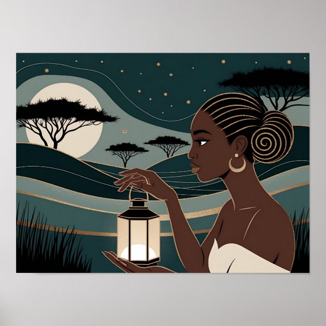 Poster Mulher Negra Segurando uma Lanterna à Noite (Frente)