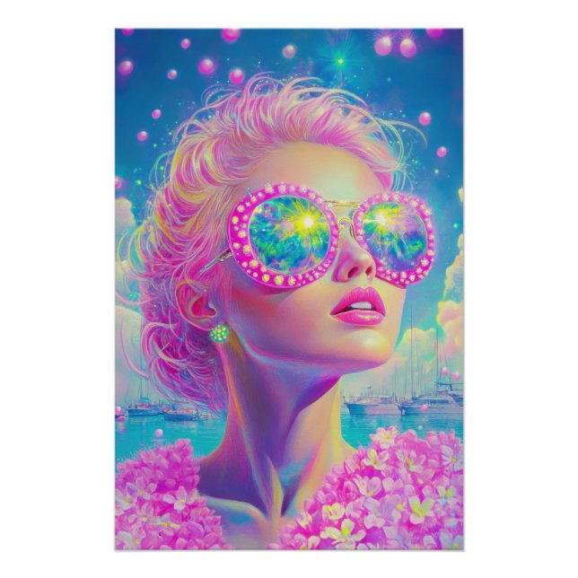 Póster Mulher Neon Glamorosa com Óculos Espumantes (Frente)
