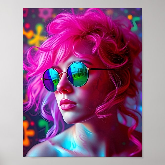 Poster Mulher Neon Pink com Óculos Reflettivos - M (Frente)