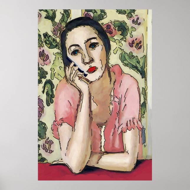 Póster Mulher no Abstrato de Telefone Celular, Estilo Mat (Frente)