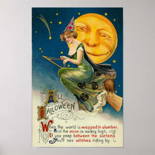 Póster Mulher no Broomstick no Halloween