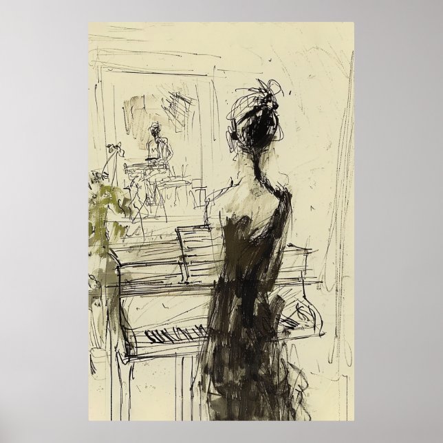 Poster Mulher no Piano Sketch - (Frente)