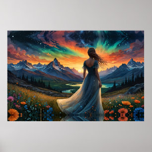 Poster Mulher no Sunrise Floral sobre o lago de Montanha
