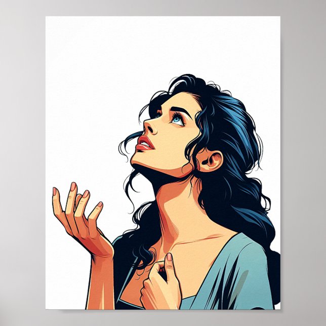 Poster Mulher olhando rezando para a ilustração de Deus (Frente)
