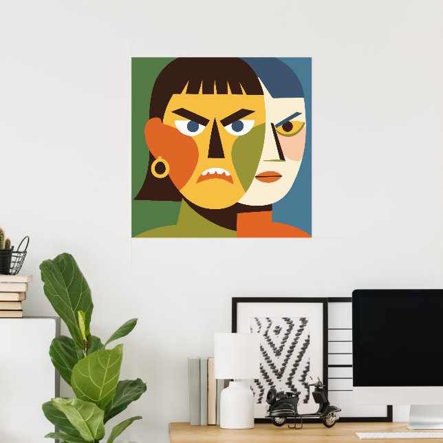 Poster Mulher Ousada e Irritada com Rosto Dividido (Escritório em casa)