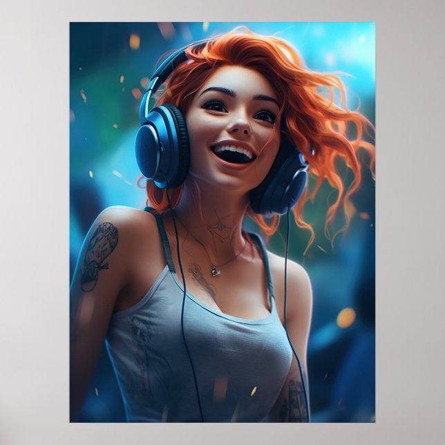 Poster Mulher ouvindo música com fones de ouvido (Frente)