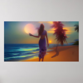 Poster Mulher passeio ao luar na praia areia palmeiras oc