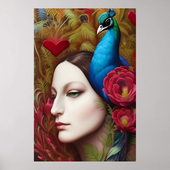 Poster Mulher, Pavão, Flores Vermelhas e coração (Frente)