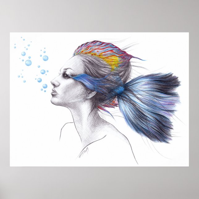 Poster Mulher peixe Sereia retrato Desenho surreal arte (Frente)