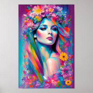 Poster Mulher Perfeita Belo Arco-Íris Floral Aquarela