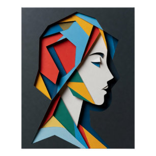Póster Mulher Perfil Recorte Geométrico de Papel