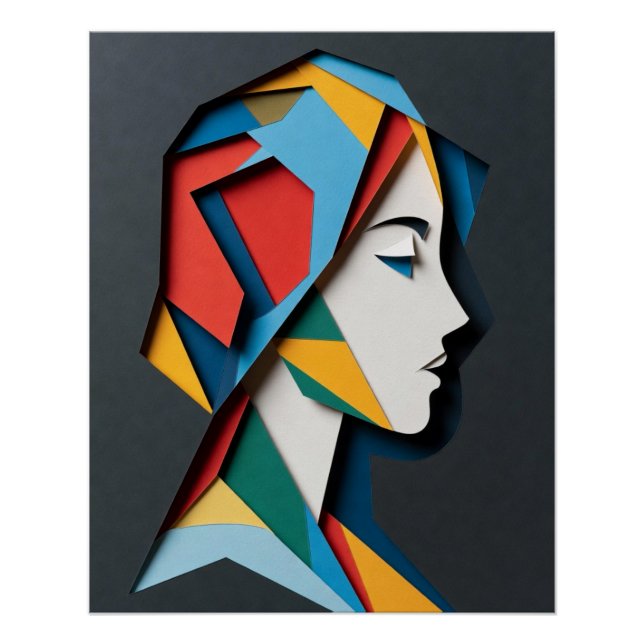 Póster Mulher Perfil Recorte Geométrico de Papel (Frente)