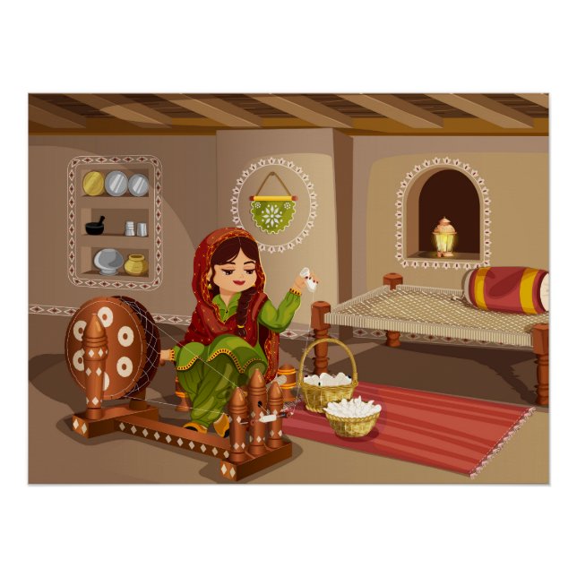 Póster Mulher Punjabi Espinnig Charkha - Estilo de Vida R (Frente)