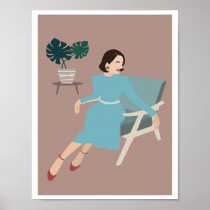 Poster Mulher Retro Cadeira de Braço Vestido Azul Arte Mo