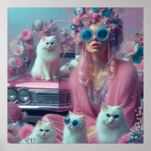 Poster Mulher-retrô com gatos brancos