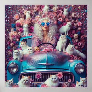 Poster Mulher-retrô com gatos brancos