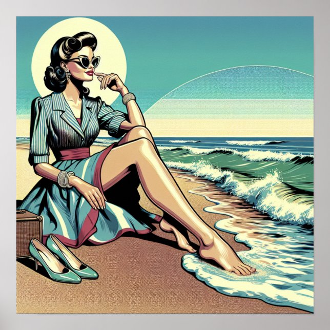 Poster Mulher retrô de 1950 sentada na praia (Frente)