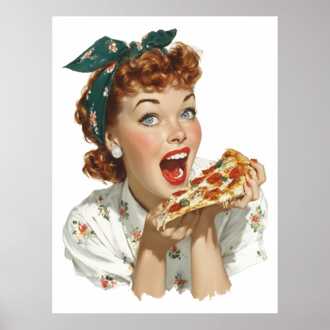 Poster Mulher Retro Disfrutando de uma Fatia de Pizza (Frente)