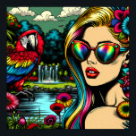 Poster Mulher Retro e Papagaio no Parque Pop Art<br><div class="desc">Arte em estilo de história em quadrinhos pop art retrô,  mulher bonita com óculos de sol em um jardim de flores com cachoeira e um lindo papagaio colorido ao seu lado. Ela está cercada pela natureza,  um lago e flores.</div>