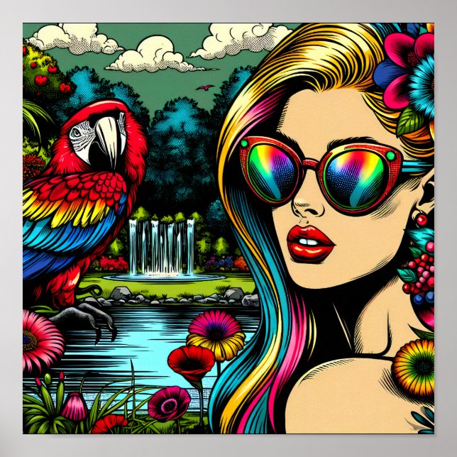 Poster Mulher Retro e Papagaio no Parque Pop Art (Frente)