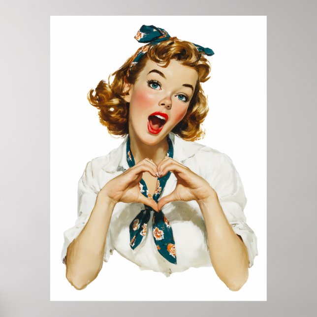 Poster Mulher Retro Fazendo Gesto de Coração (Frente)