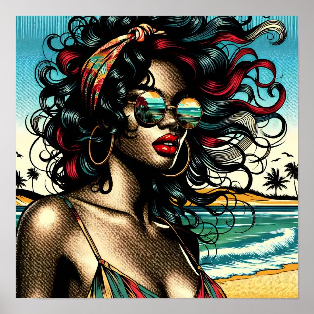 Poster Mulher Retro na Praia Estilo Cômico Pop Art (Frente)