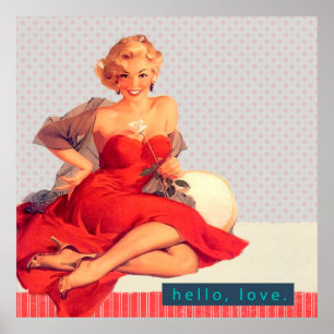 Póster Mulher retro no estilo vermelho do vintage do