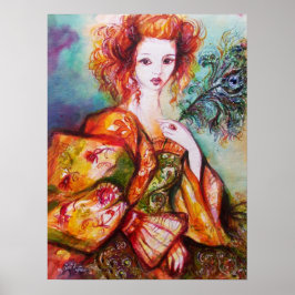 PÓSTER MULHER ROMÂNTICA COM PENA DE PAVÃO BRILHANTE