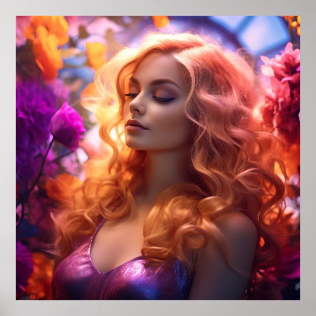 Poster Mulher ruiva e flores (Frente)