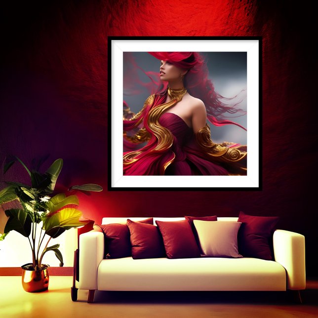 Poster Mulher ruiva exótica fluindo em vermelho Dourado A (Criador carregado)