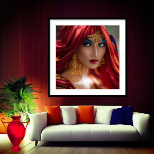 Poster Mulher ruiva exótica fluxo vermelho Dourado Azul A