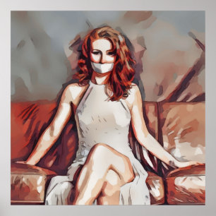 Poster Mulher Ruiva Sentada Com Boca Coberta