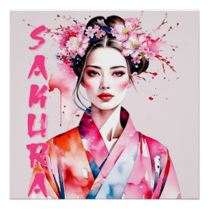 Póster Mulher Sakura Aquarela