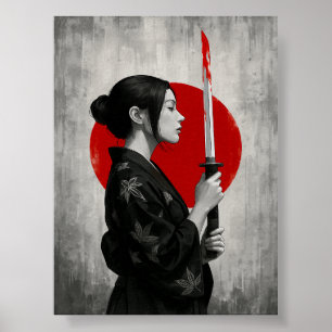 Poster Mulher Samurai com Katana em frente ao Sol Vermelh