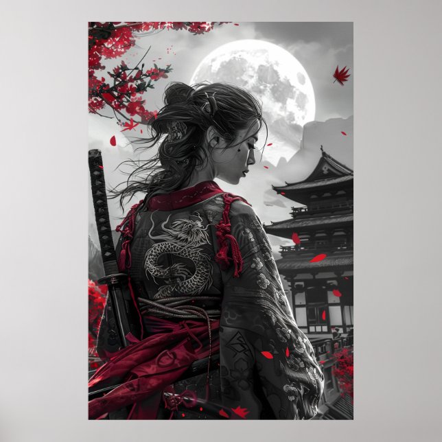 Poster Mulher samurai japonesa com tatuagem sob a lua che (Frente)