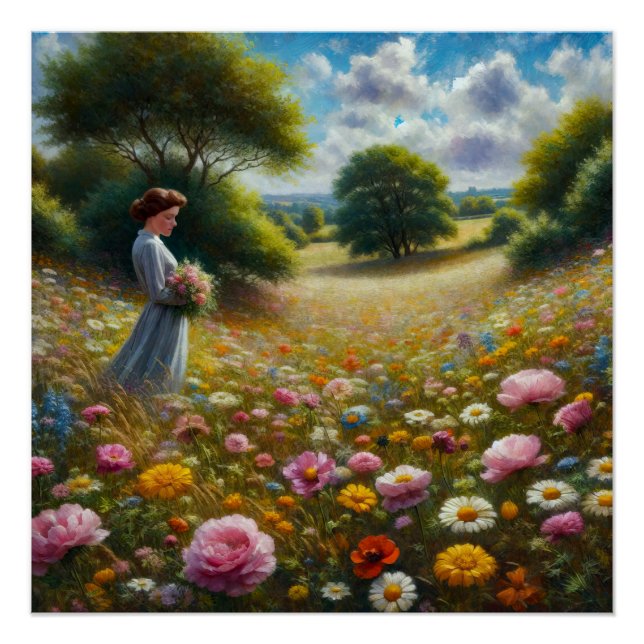 Póster Mulher segurando flores em um campo (Frente)