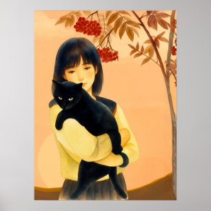 Poster Mulher segurando um gato preto no outono