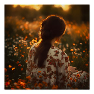 Póster Mulher sentada em um campo de flores silvestres