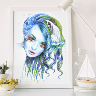 Póster Mulher sereia aquática arte de retrato surreal de
