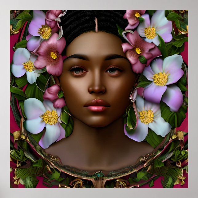 Poster Mulher Serena Afro-Americana com Flores (Frente)