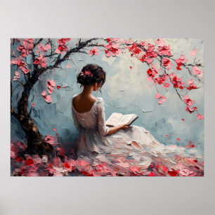 Poster Mulher Serena Lendo sob Cerejeiras em Flor