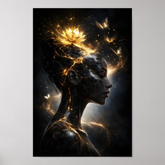 Poster Mulher Silhueta Kintsugi com Lótus Dourado (Frente)