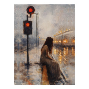 Póster Mulher Solitária Esperando Sinal Vermelho Estação