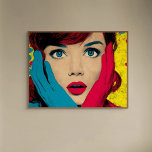Poster Mulher surpreendida na Pop Art<br><div class="desc">Uma mulher com cabelo vermelho e olhos azuis vibrantes cobrir seu rosto com as mãos luvadas. O fundo é brilhante com influências de pop.</div>