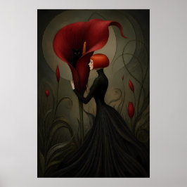 Poster Mulher Surrealista com Lírio-de-água Vermelho e Ga