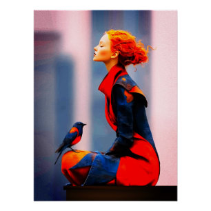 Póster Mulher Surrealista e Pássaro Elegante Cabelo Verme