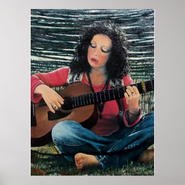 Póster Mulher Tocando Música Com Guitarra Acústica (Frente)