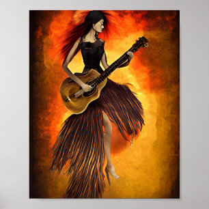 Poster Mulher tocando violão vermelho céu Abstrato arte o